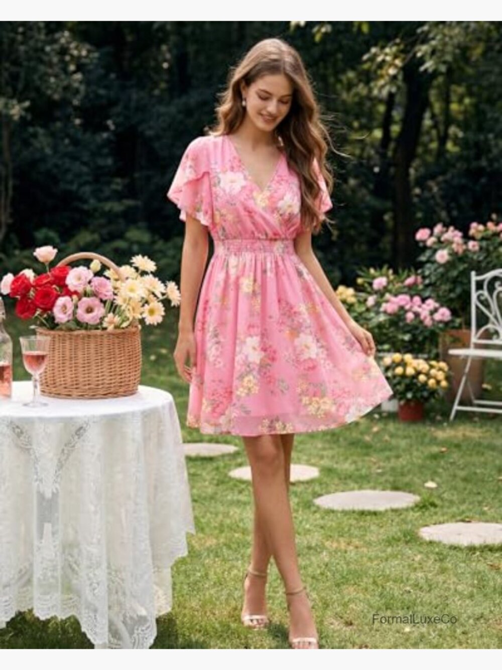 Women's Ruffle Sleeve V-Neck Flowy Chiffon Mini Dress - Picture 3 of 7
